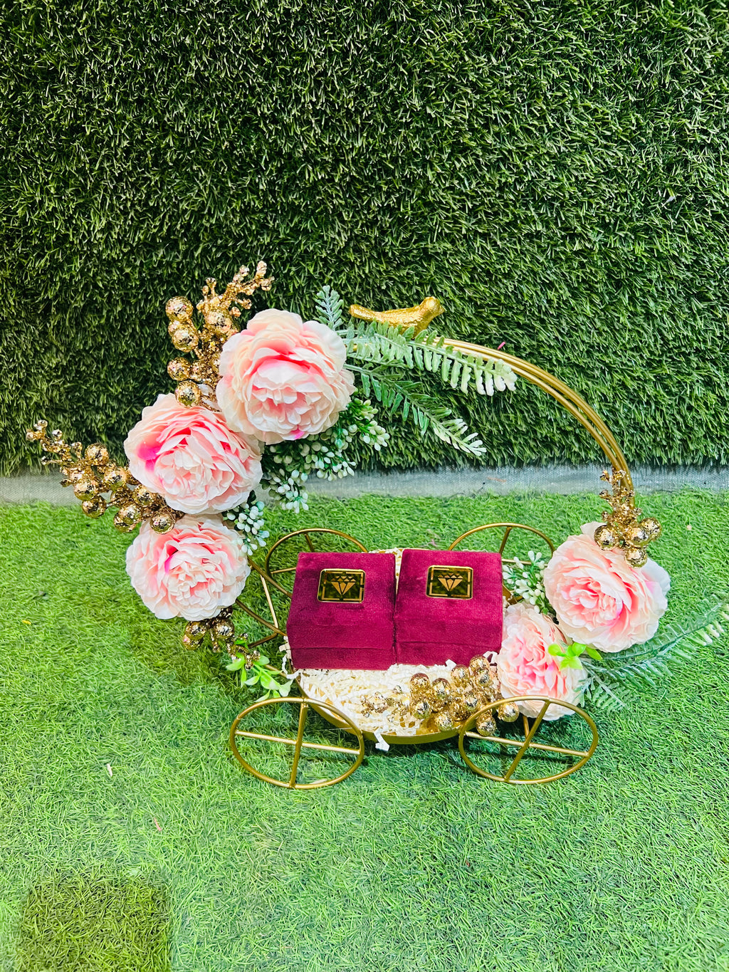 Exquisite Engagement Ring Platter on Ornate Metal Carriage with Peonies and Customizable Embellishments