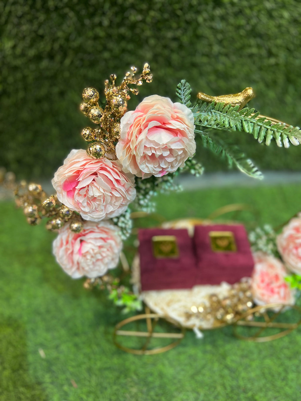 Exquisite Engagement Ring Platter on Ornate Metal Carriage with Peonies and Customizable Embellishments
