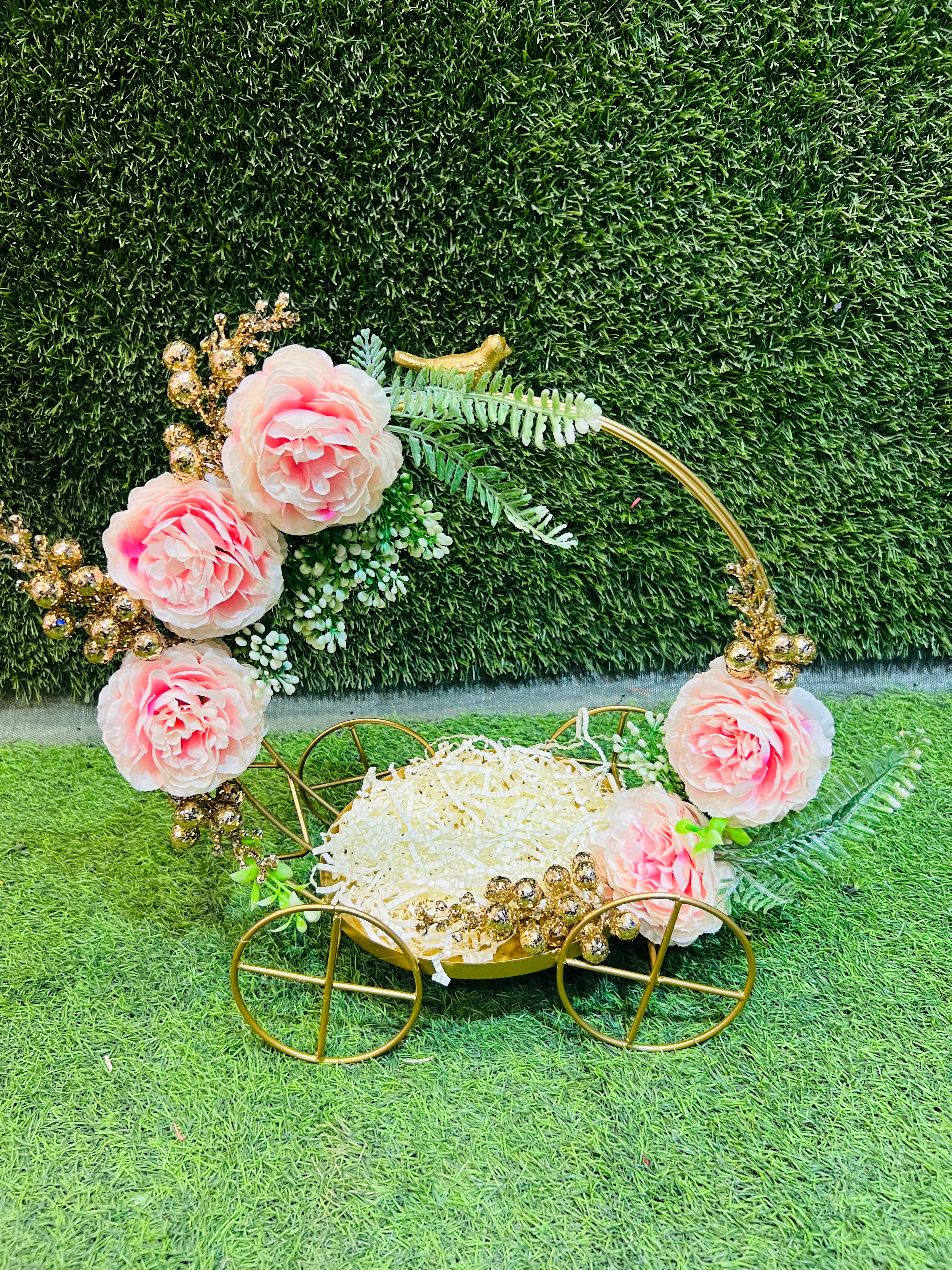 Exquisite Engagement Ring Platter on Ornate Metal Carriage with Peonies and Customizable Embellishments