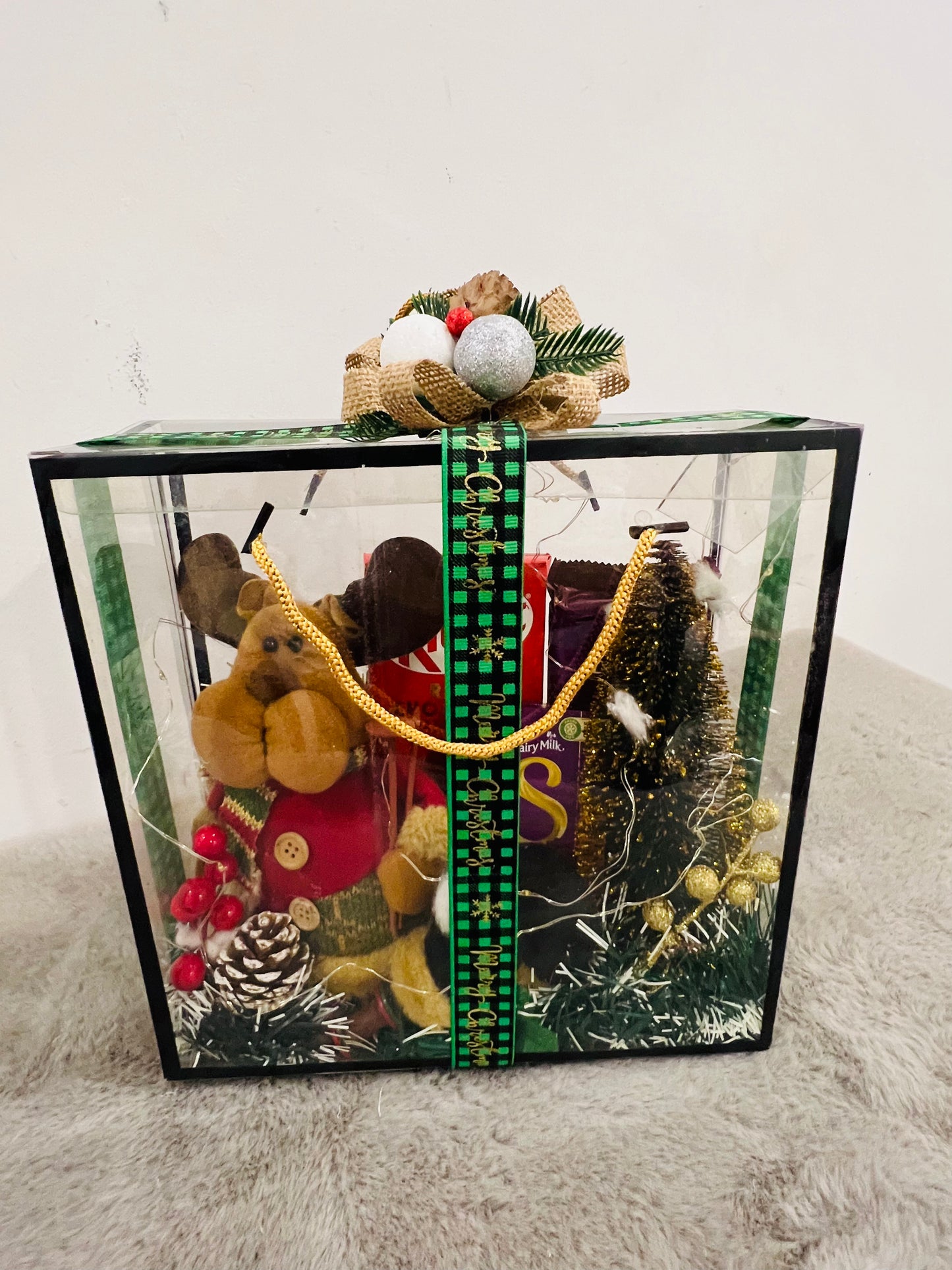 Festive Christmas Hamper in PVC Bag – Xmas Tree Decoratives, Artificial Table Tree & Chocolates