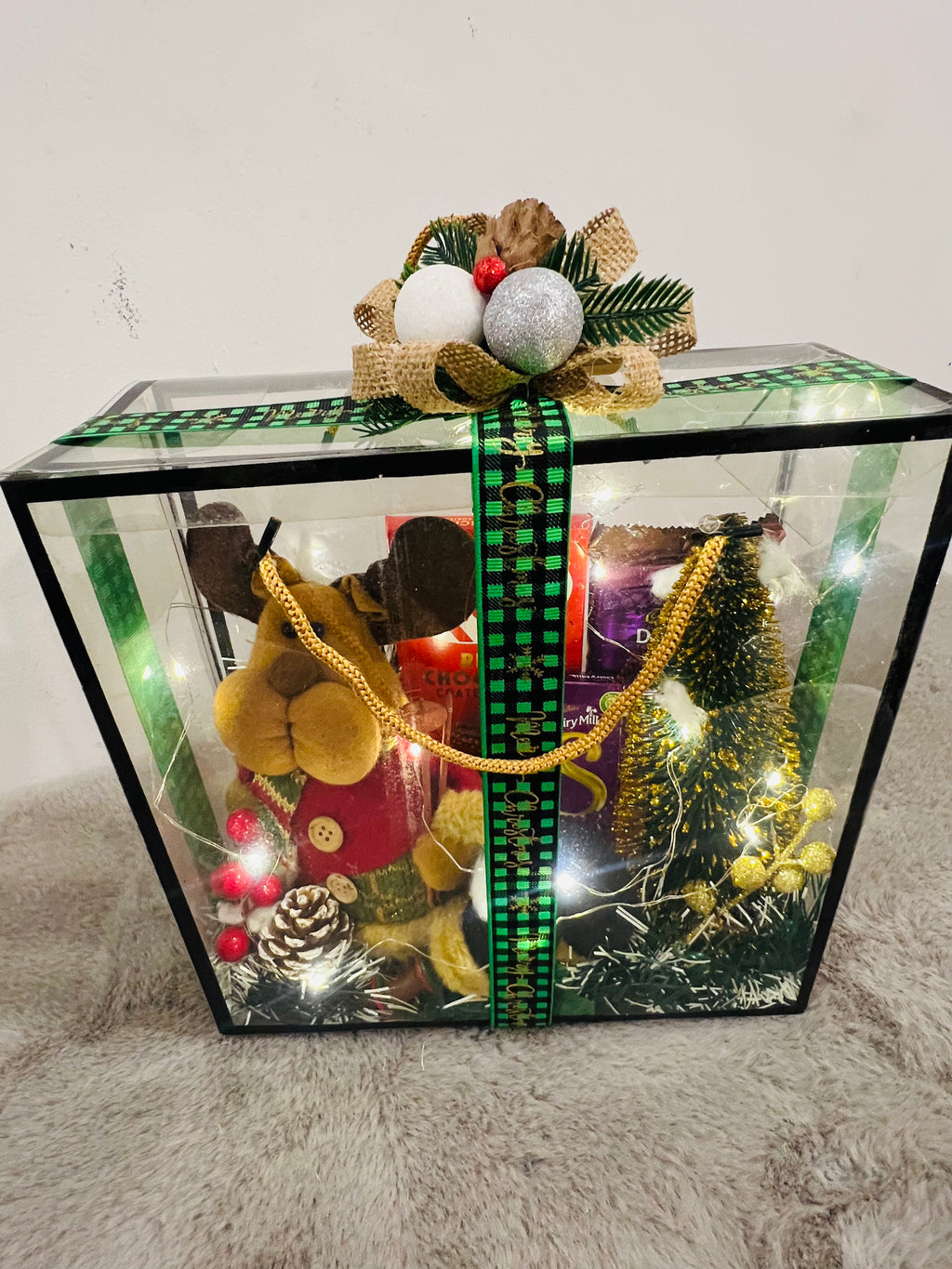 Festive Christmas Hamper in PVC Bag – Xmas Tree Decoratives, Artificial Table Tree & Chocolates