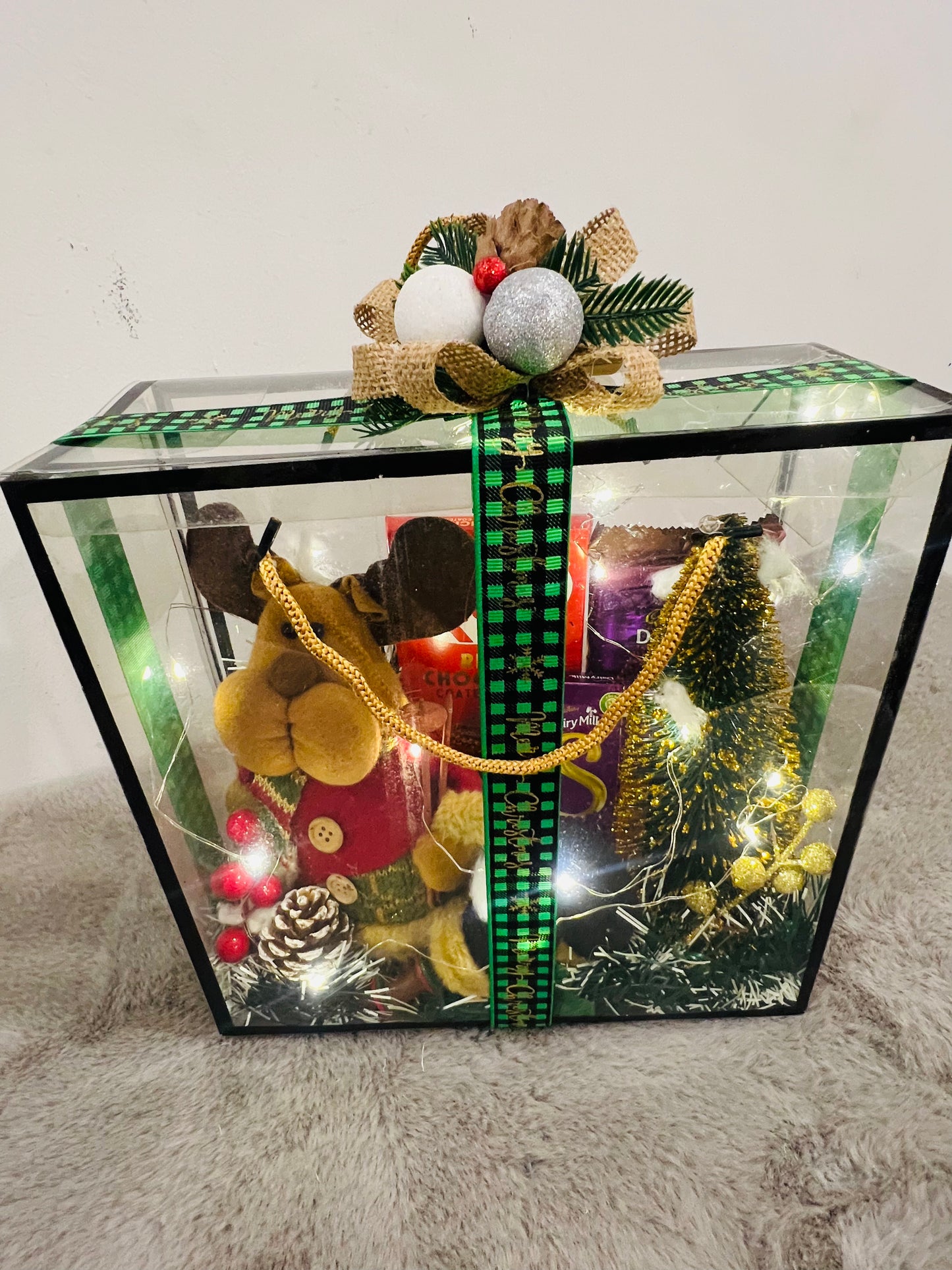 Festive Christmas Hamper in PVC Bag – Xmas Tree Decoratives, Artificial Table Tree & Chocolates