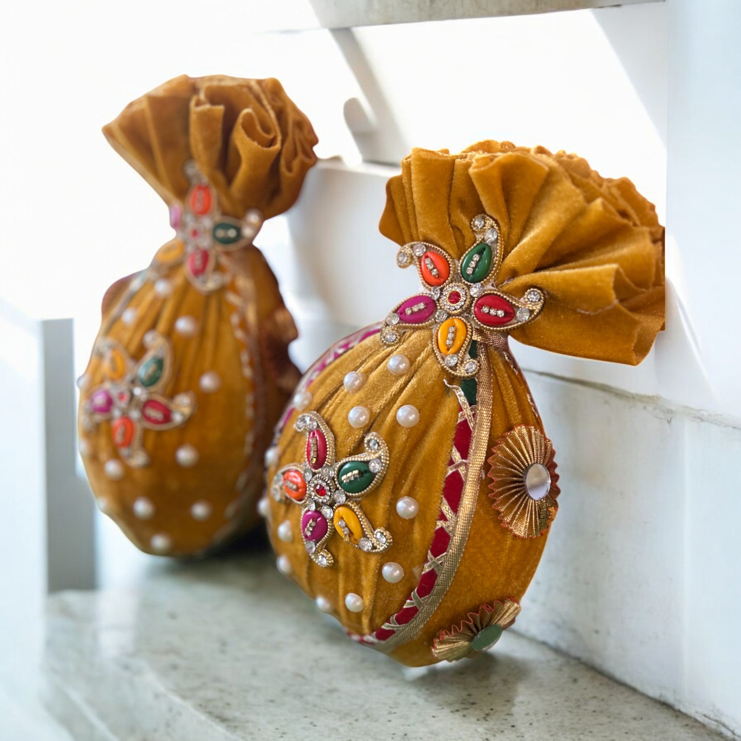 Decorated Shagun Nariyal in Yellow Velvet with Booti – Fresh Coconut for Pooja & Wedding by Wrap Shap