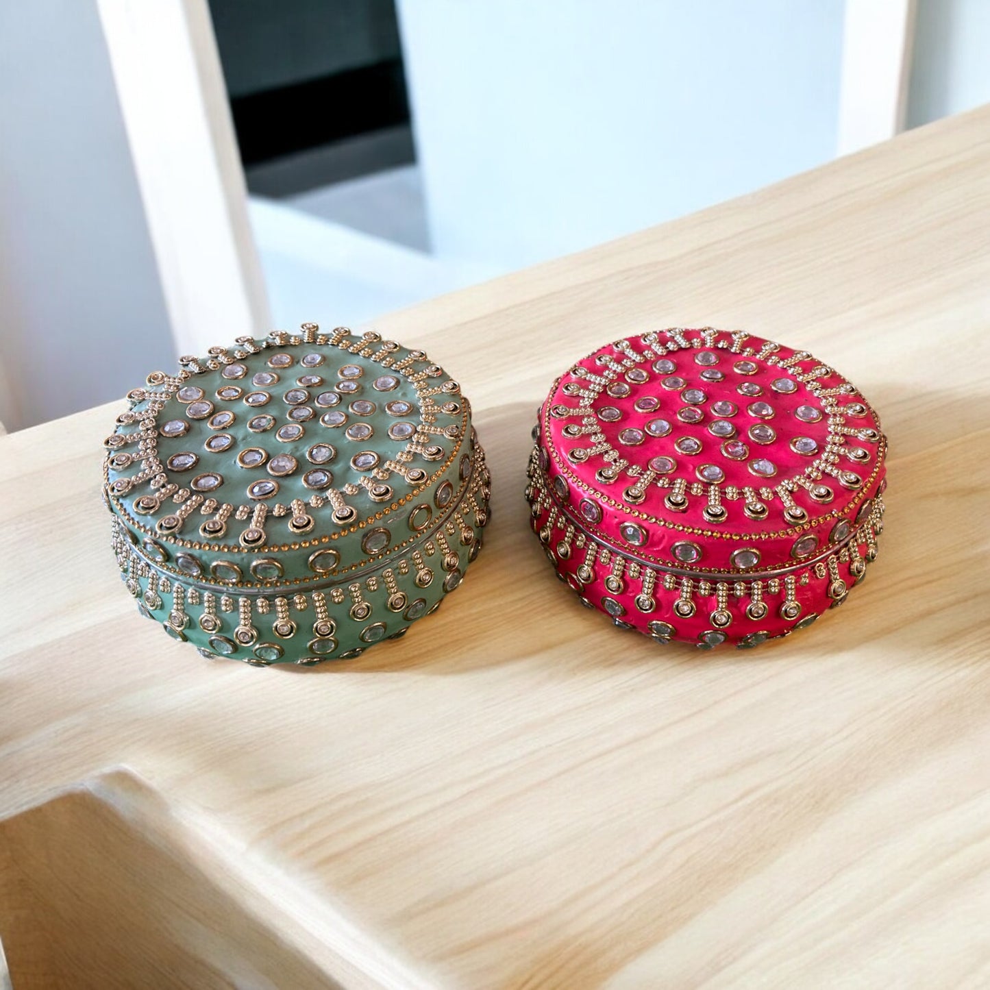 Elegant 6-Inch Round Steel Decorated Box in Pastel Shade – Perfect for Wedding & Festive Gifting