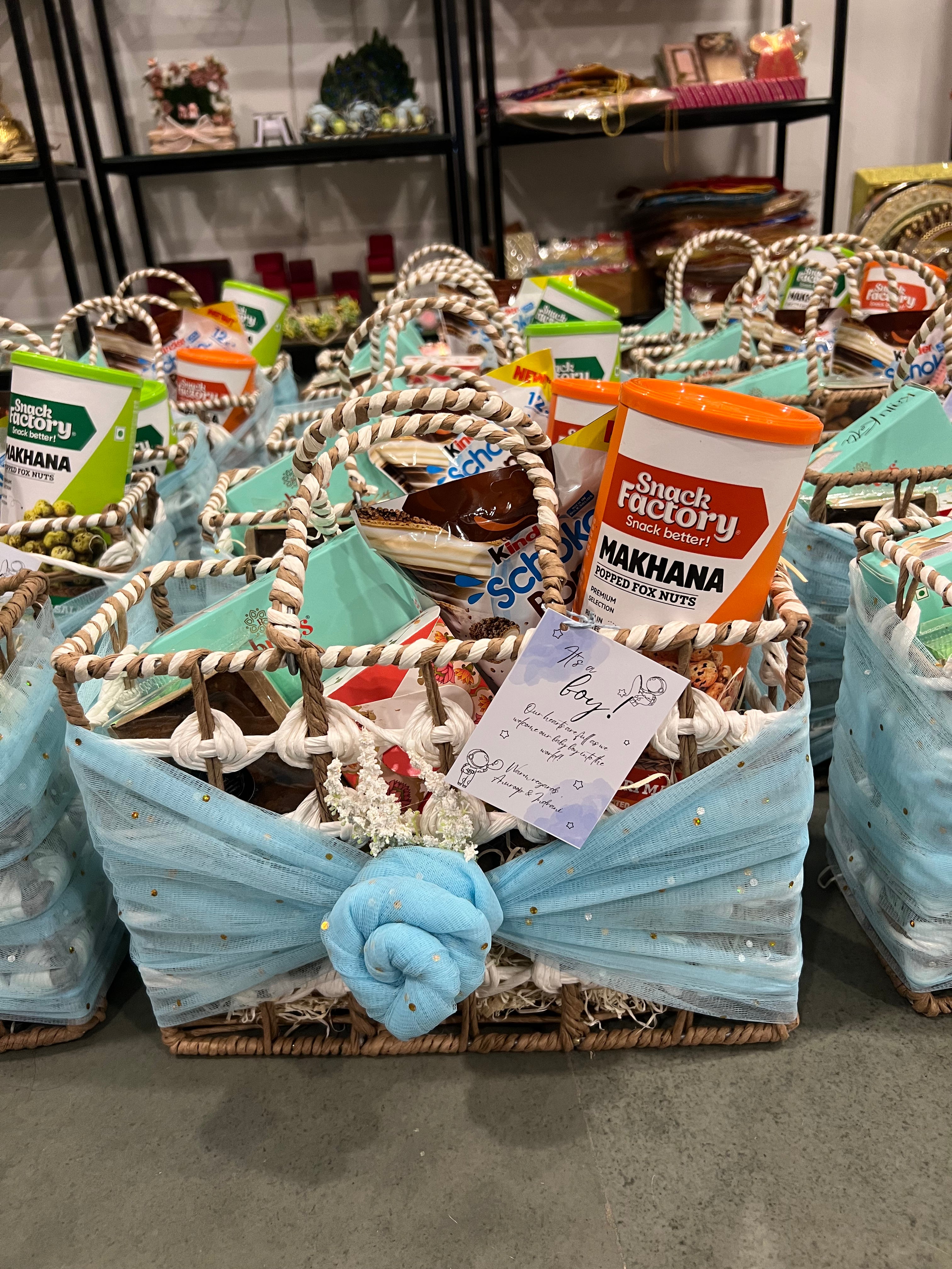 Personalized Newborn Announcement Hamper in Decorated Rafia Basket