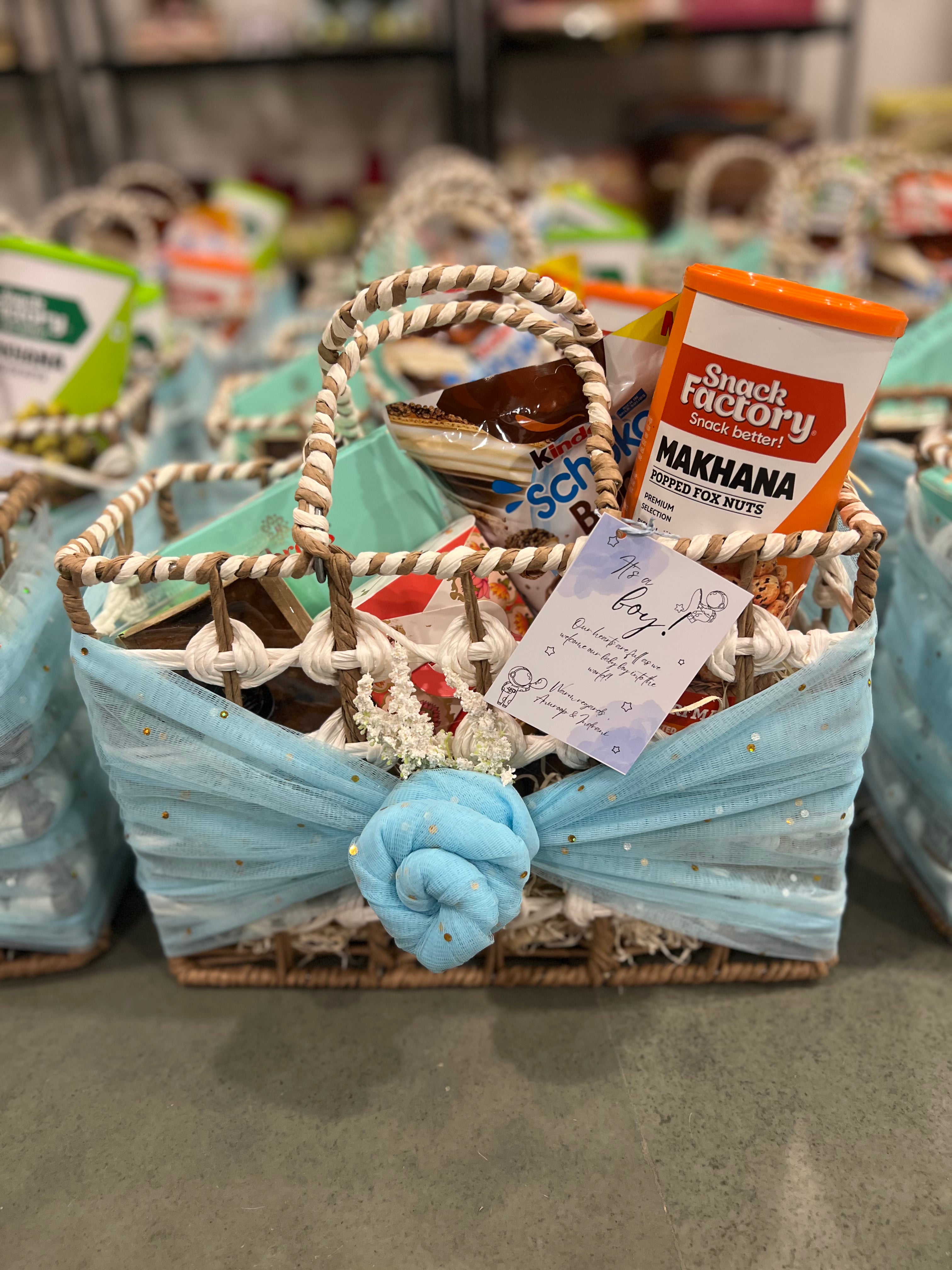 Personalized Newborn Announcement Hamper in Decorated Rafia Basket