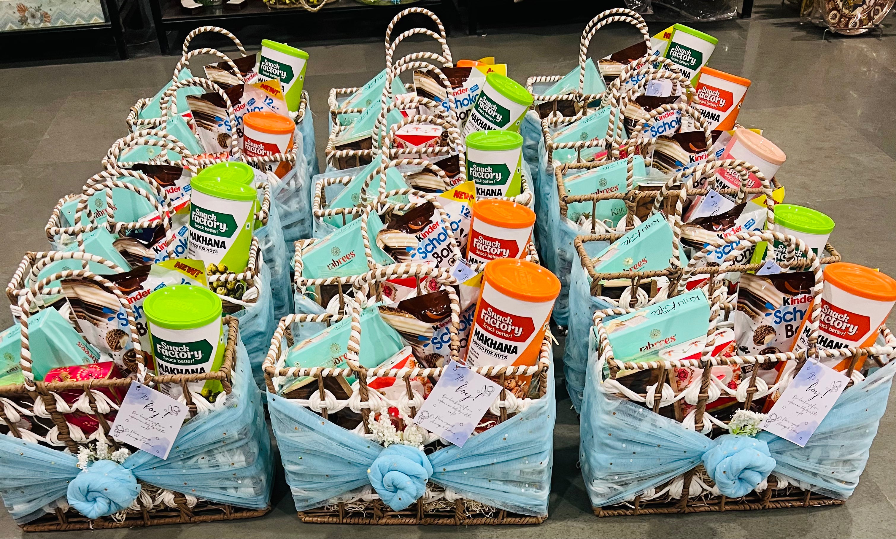 Personalized Newborn Announcement Hamper in Decorated Rafia Basket