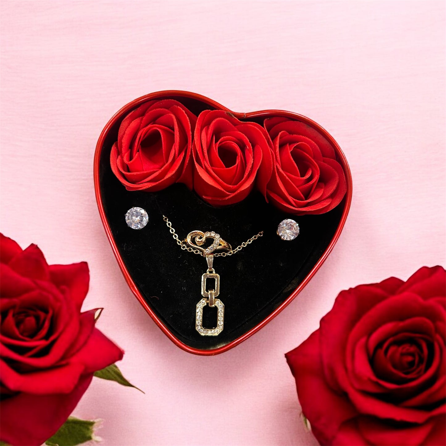 Artificial jewellery set with necklace, earrings & ring in a heart-shaped gift box – perfect Valentine’s Day, anniversary, and birthday gift.