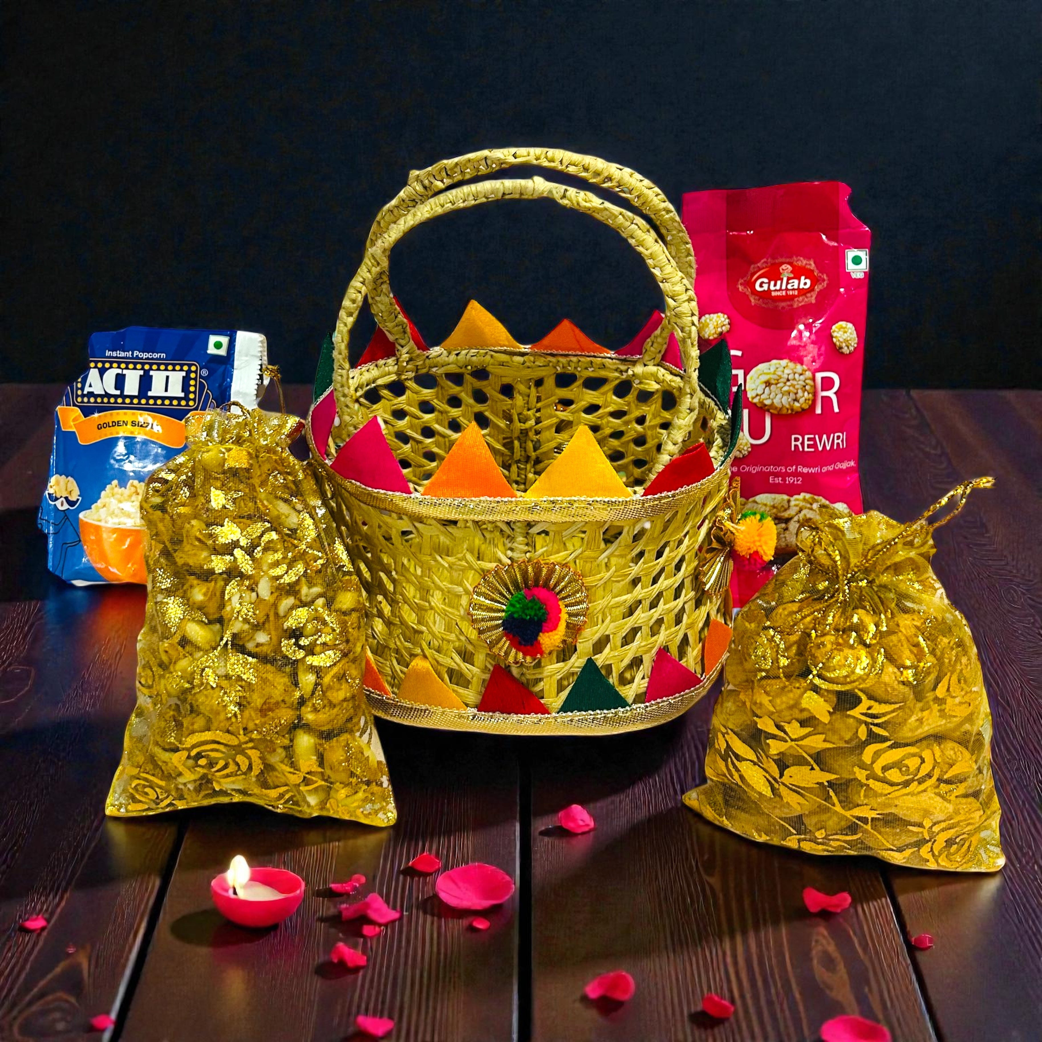 Budget Lohri giveaway basket with traditional Lohri eatables for newborn and wedding celebrations.