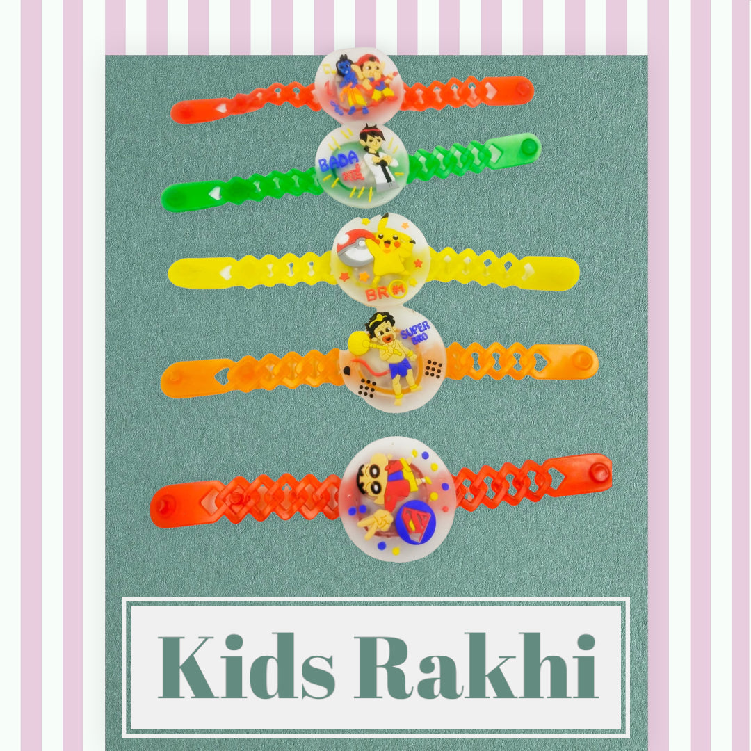 Wrap Shap Kids Rakhi - Multi Characters Light Rakhi (A) with Doremon, Motu Patlu, Pikachu & More, Comes with Roli Chawal