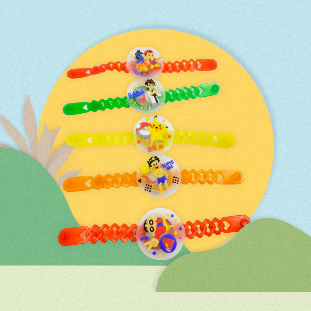 Wrap Shap Kids Rakhi - Multi Characters Light Rakhi (A) with Doremon, Motu Patlu, Pikachu & More, Comes with Roli Chawal