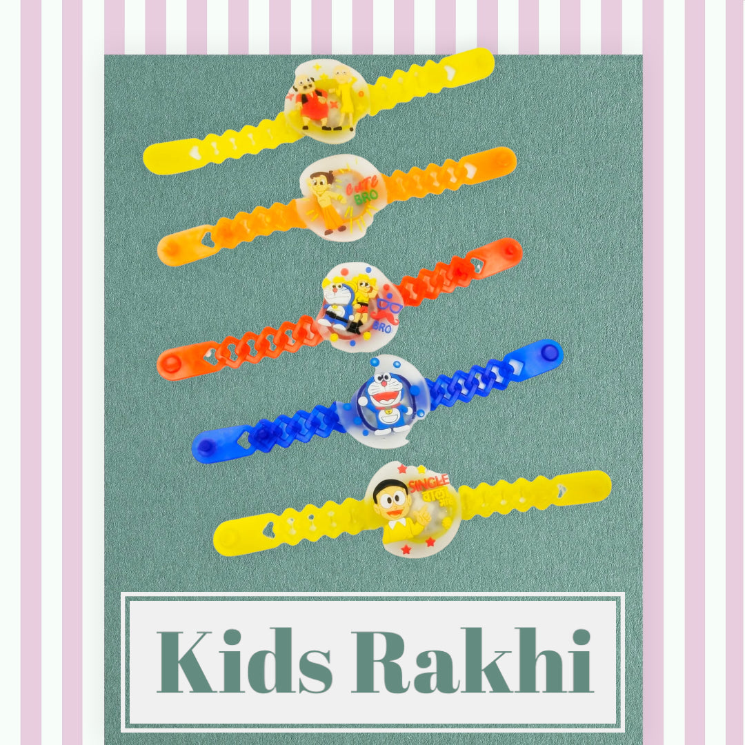 Wrap Shap Kids Rakhi - Multi Characters Light Rakhi (A) with Doremon, Motu Patlu, Pikachu & More, Comes with Roli Chawal