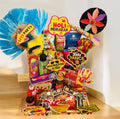 Holi hamper with gulal, snacks, drinks, and accessories in a large decorated tray