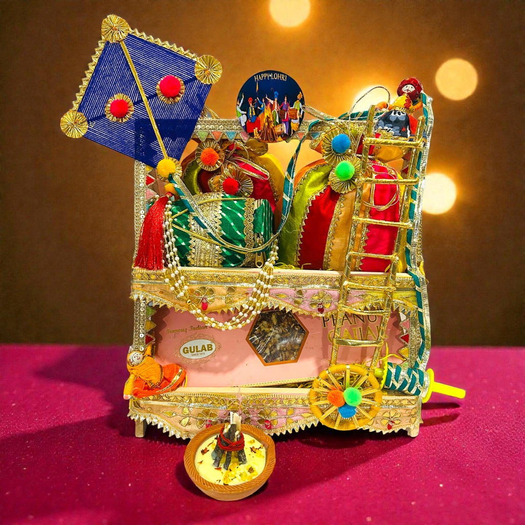 Lohri themed 2 tier wooden basket hamper with traditional festive snacks