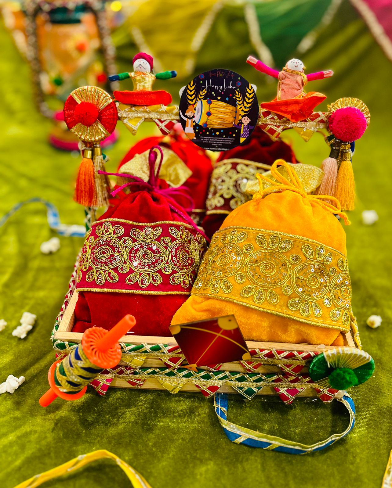 Lohri hamper with revdi, til, popcorn, moongfali in potli bags