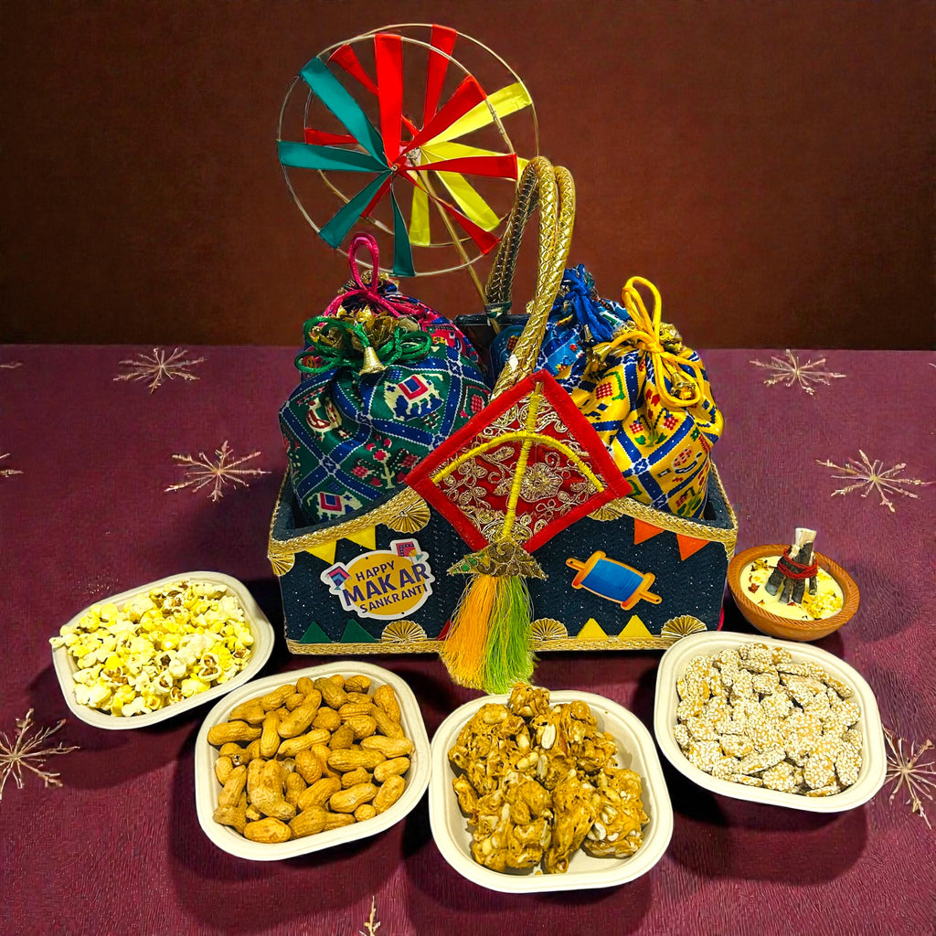  Traditional Lohri and Makar Sankranti hamper with patola potli and festive eatables.