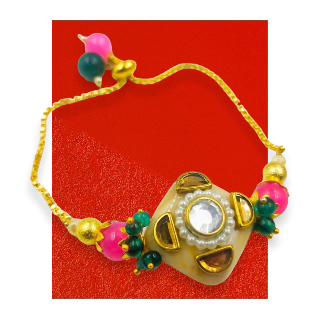 Wrap Shap Ladies Lumba Bracelet - Design16 Kundan Stone on Agate Base with Roli Chawal