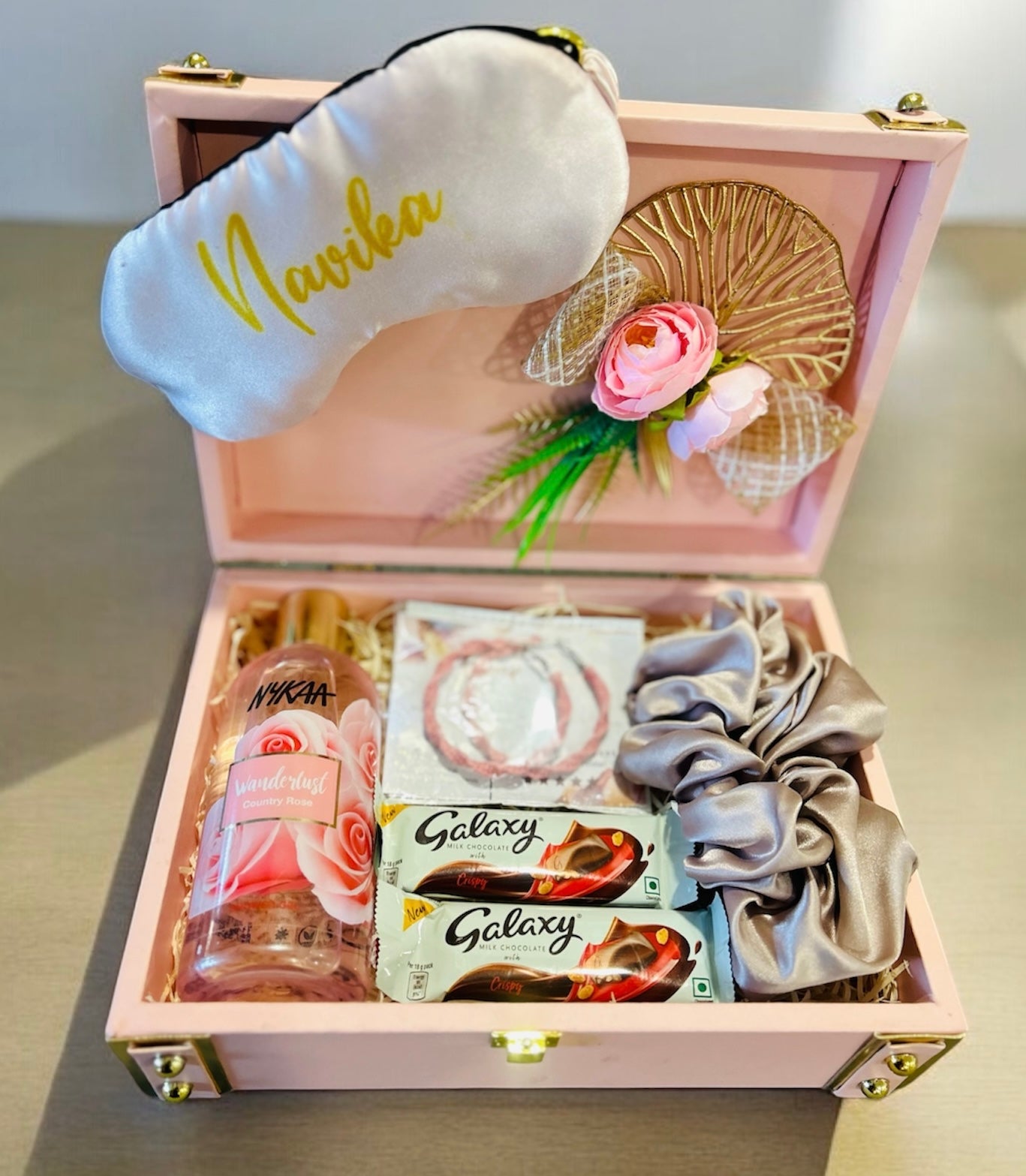 Luxury Self-Care Gift Hamper with Body Wash, Customized Eye Mask, Earrings & Chocolates in a Wooden Box – Ideal for Women’s Day, Birthday & Anniversary Gifting.