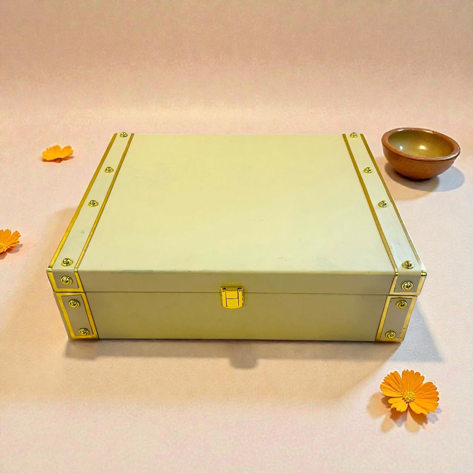 Luxury customized wedding return gift hamper with ceramic mug set, silver peacock and chocolates