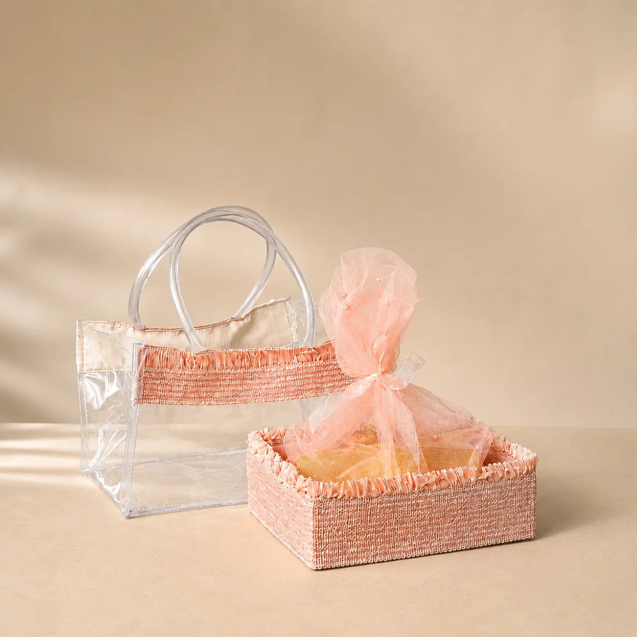 Luxury Mist Peach gift basket for Diwali gifting, bridal trousseau, boutique hampers, and gourmet food packaging. Wholesale MDF Mist Peach basket for sweet shops, dry fruit retailers, gourmet brands, corporate gifting companies, exporters, retailers, and event planners.