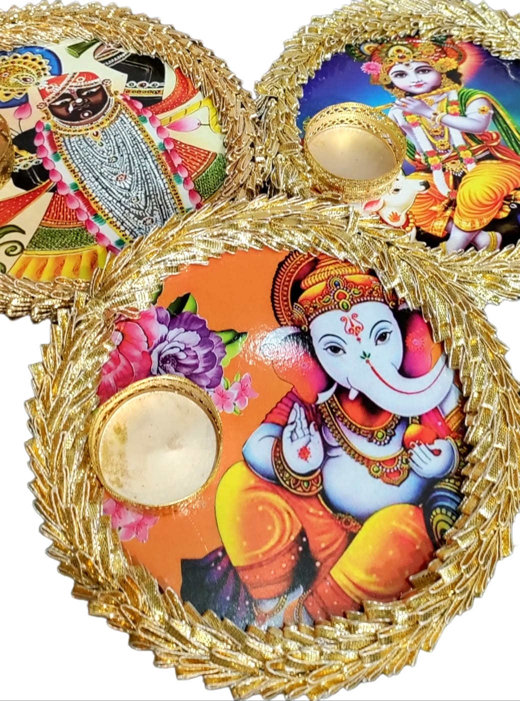 "6 inches decorative candle plate with multi design prints"