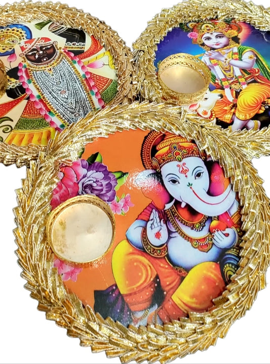 "6 inches decorative candle plate with multi design prints"