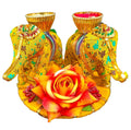 2 elephant with flower roli chawal plate in mix colours for pooja