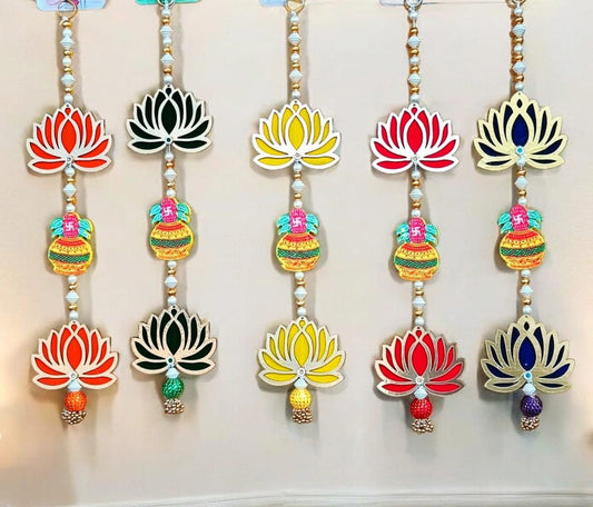 Traditional wooden kalash and lotus wall hanging