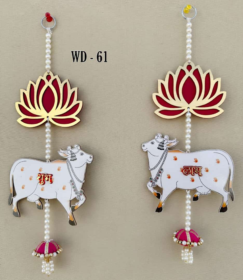 Auspicious Subh Labh wall hanging with lotus and cow design