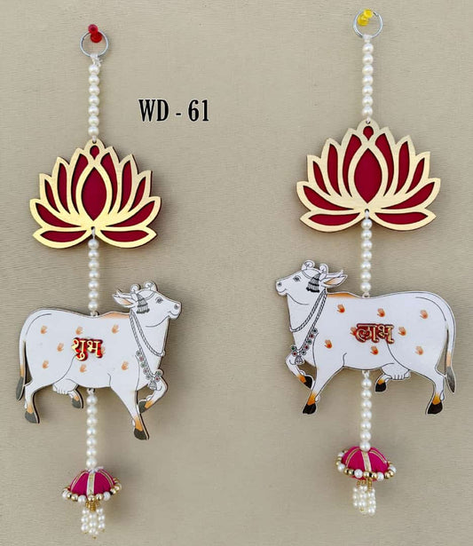 Auspicious Subh Labh wall hanging with lotus and cow design