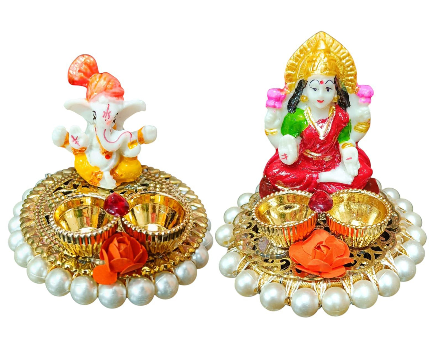 Pair of Laxmi Ji Ganesh Ji 4-inch roli chawal plate for pooja rituals