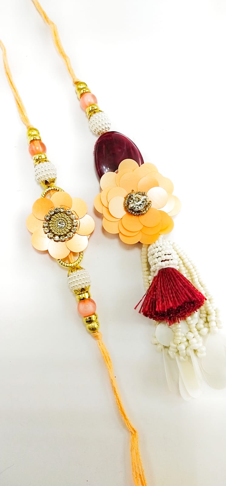 Wrap Shap Designer Bhaiya Bhabhi Rakhi Lumba Set - Peach Colored Flower Rakhi & Lumba, Model P104 with Roli Chawal