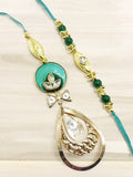 Wrap Shap P29 Bhaiya Bhabhi Rakhi Lumba Set – Red & Green Resin Stone with Kundan Design