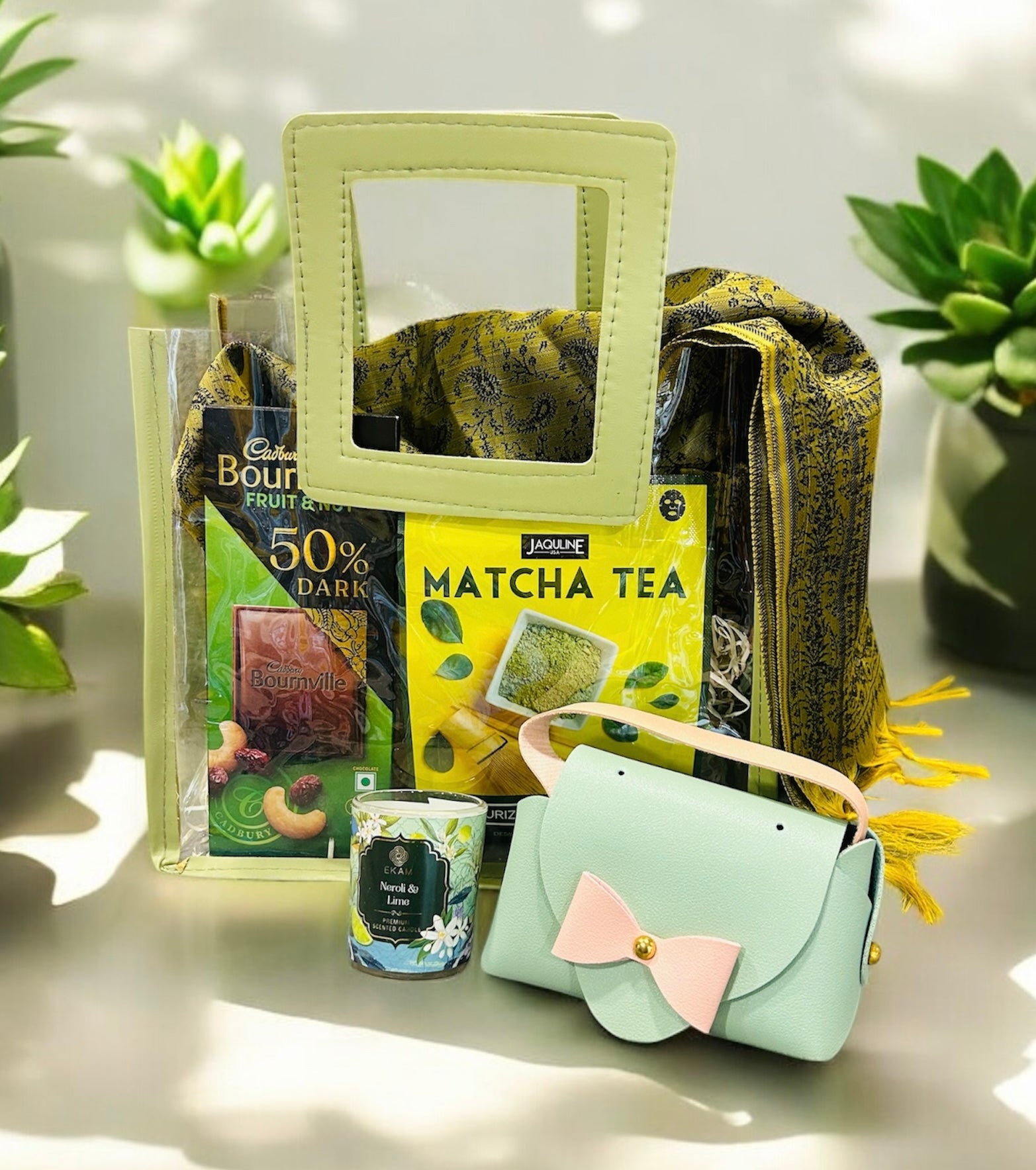 Luxury Gift Hamper with Scarf, Face Mask, Chocolate, Scented Candle & Mini Purse in a Transparent PVC Bag – Perfect for Women’s Day, Birthday & Anniversary Gifting