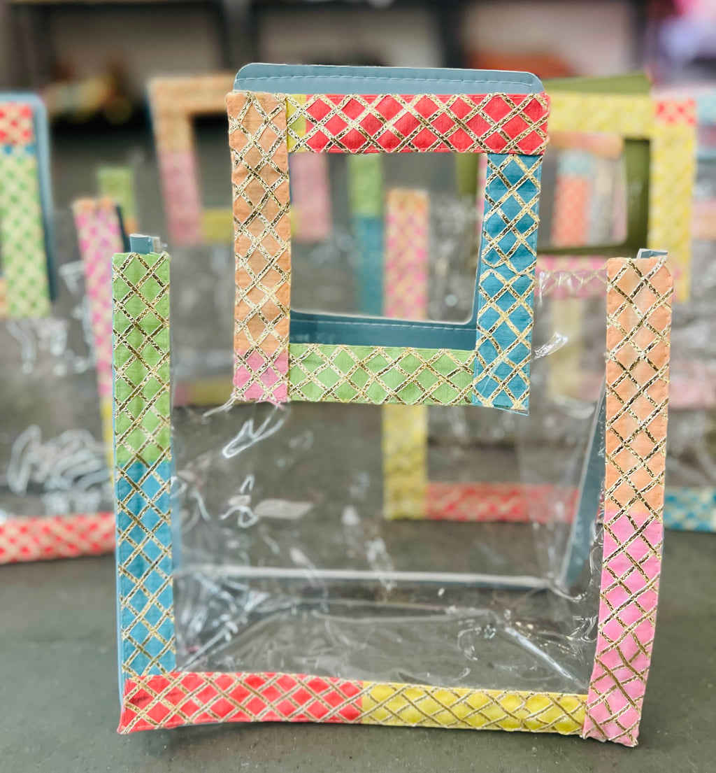 PVC Transparent Gifting Bags with Multicolored Gota Lace | Return Gift & Wedding Favour Bags | Wrap Shap
