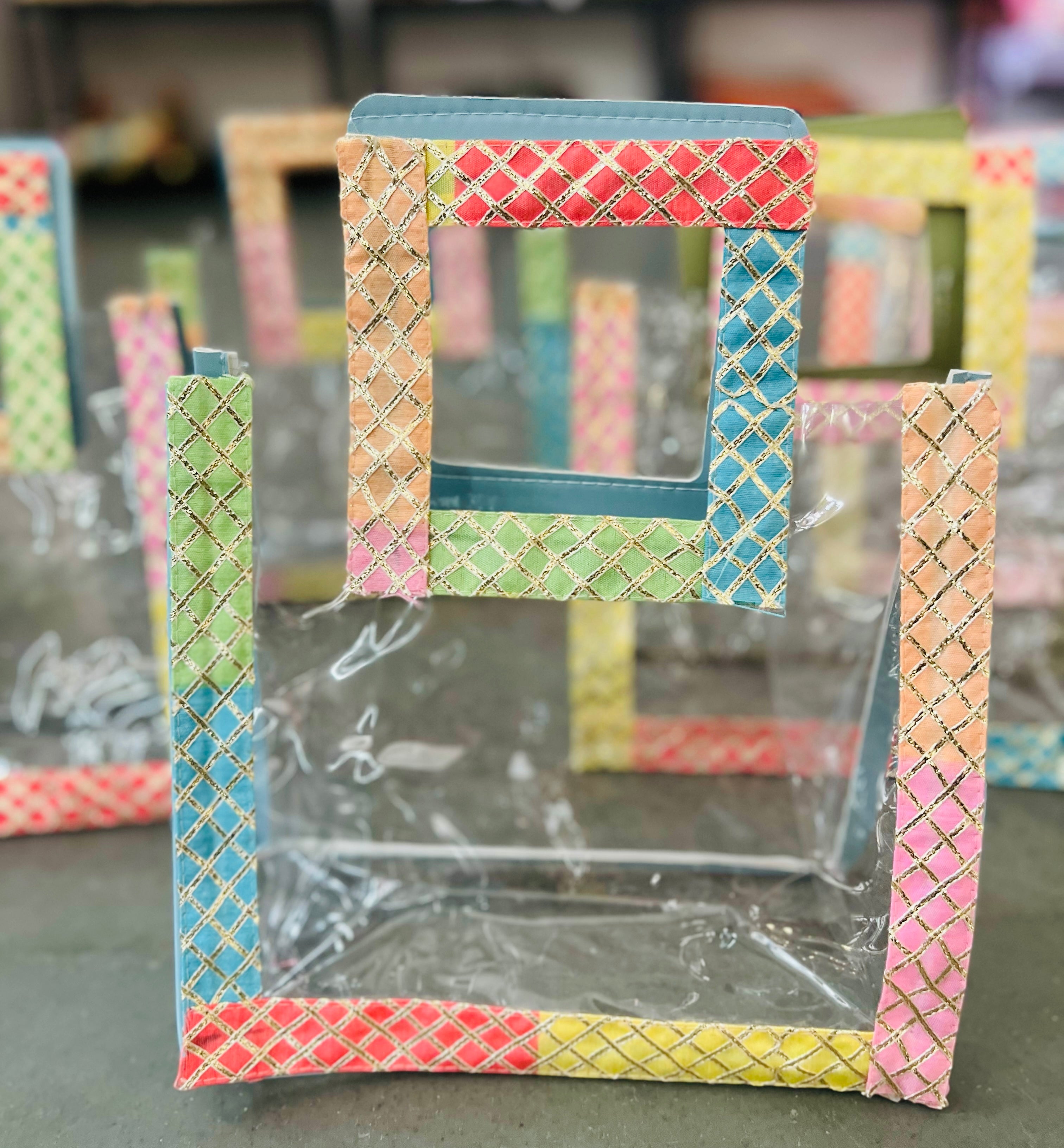 PVC Transparent Gifting Bags with Multicolored Gota Lace | Return Gift & Wedding Favour Bags | Wrap Shap