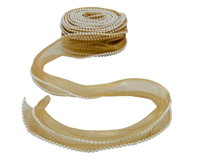 Elegant Tissue Ribbon with Pearl Border - Perfect for Designer Bows, Gift Wrapping, Hamper Designing, and More
