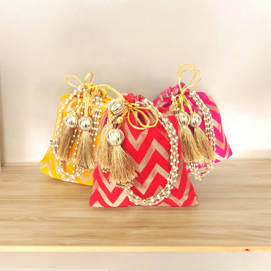 Elegant Wave Design Potli Batwa Bags with Handle and Premium Tassels (9" Matka Shape) – Ideal for Return Favors and Gifting Dry Fruits