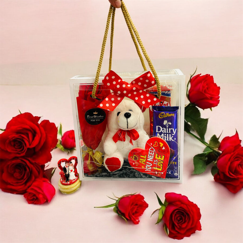 PVC Transparent Hamper with Teddy, Rose Bunch, Chocolates & Greeting Card | Perfect for Valentine’s Day, Anniversaries, Birthdays & Weddings