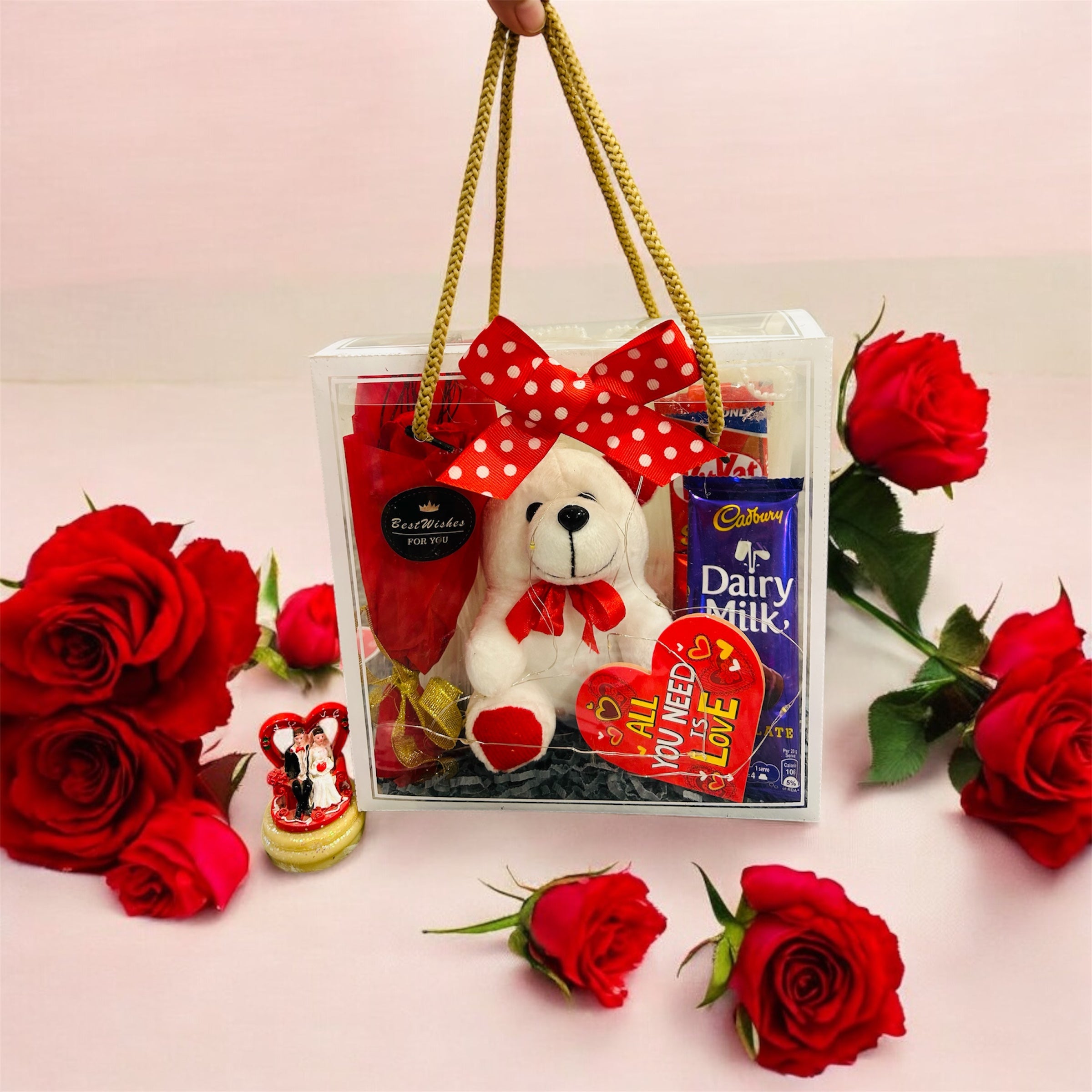 PVC Transparent Hamper with Teddy, Rose Bunch, Chocolates & Greeting Card | Perfect for Valentine’s Day, Anniversaries, Birthdays & Weddings