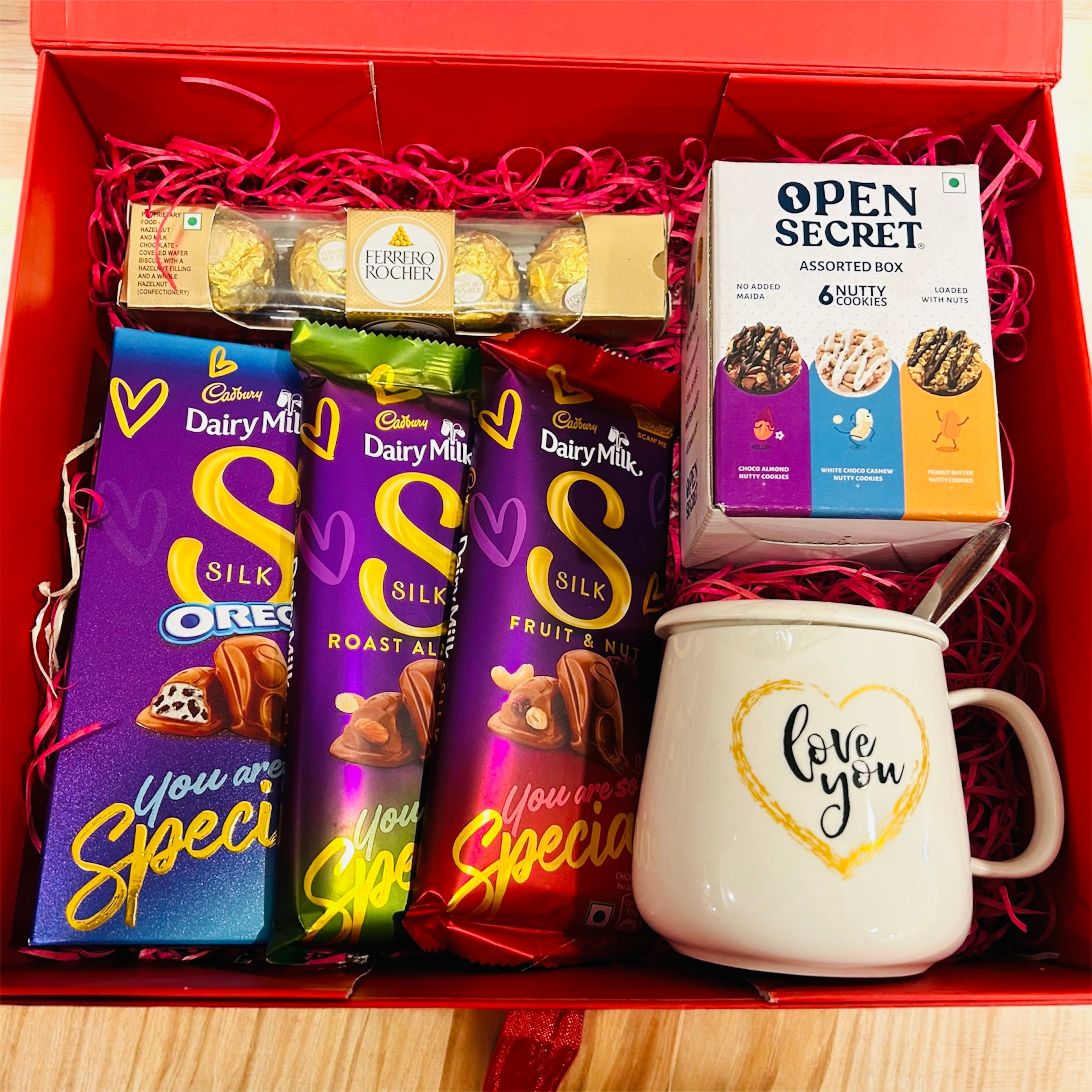 Chocolate & Love Mug Hamper – Dairy Milk, Ferrero Rocher, Cookies & 'Love You' Coffee Mug in a Gift Box | Valentine’s Day, Anniversaries & More