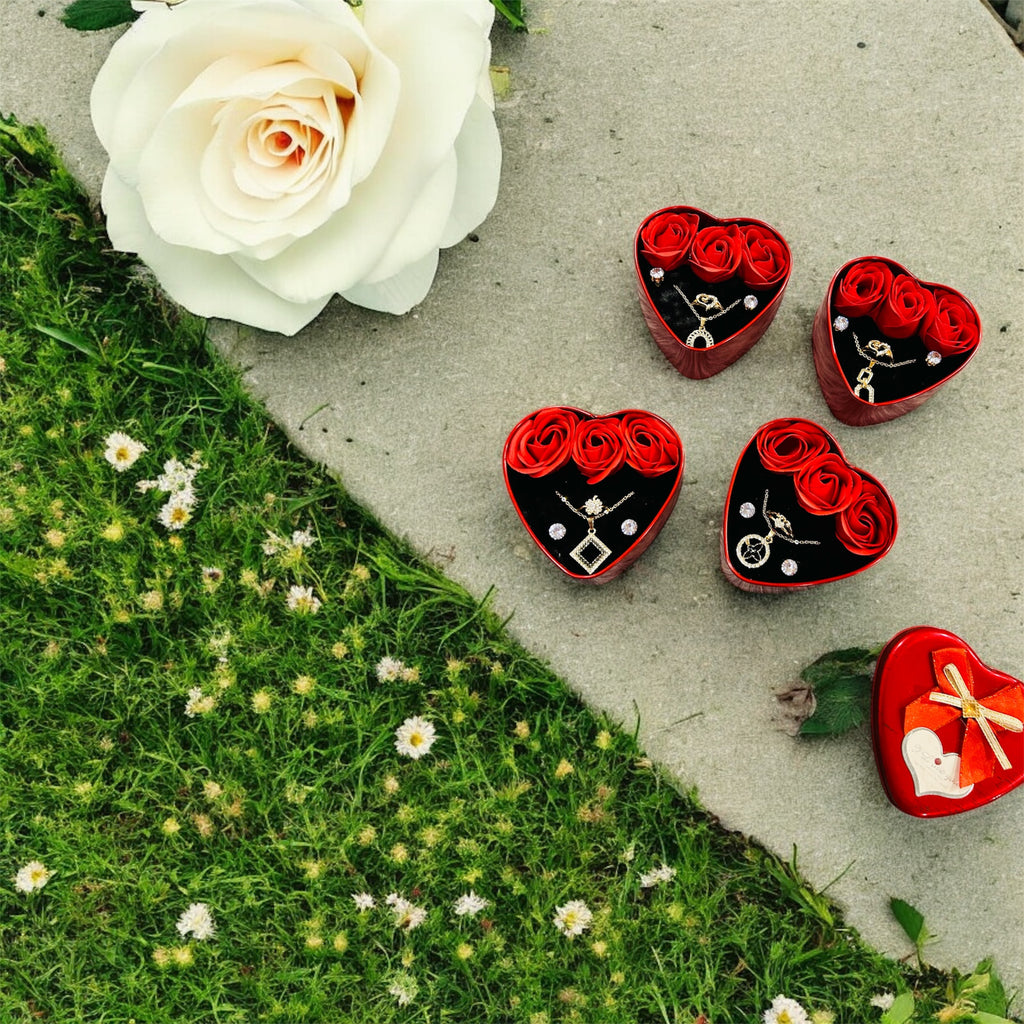 Valentine’s Gift – Artificial Jewellery Set in Heart-Shaped Box (Necklace, Earrings & Ring)