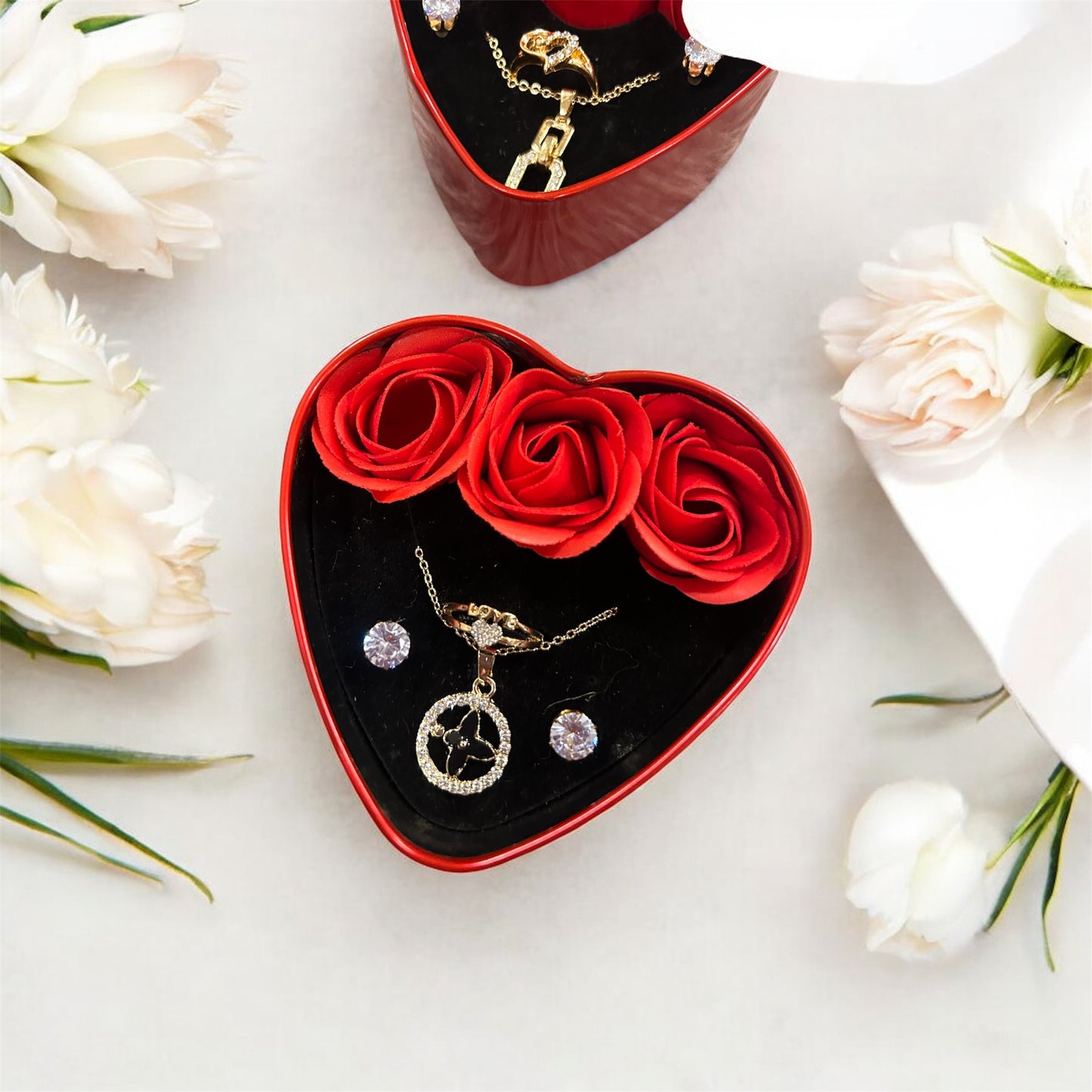 Valentine’s Gift – Artificial Jewellery Set in Heart-Shaped Box (Necklace, Earrings & Ring)