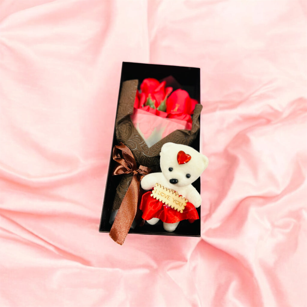 Valentine’s Gift – Teddy Bear with Artificial Rose in a Gift Box