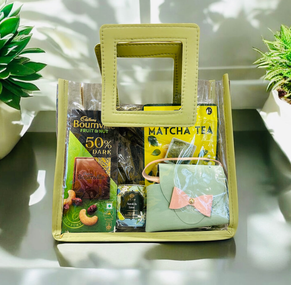 Luxury Gift Hamper – Scarf, Face Mask, Chocolate, Scented Candle & Mini Purse in Transparent PVC Bag | Women’s Day, Birthday & Anniversary Gift
