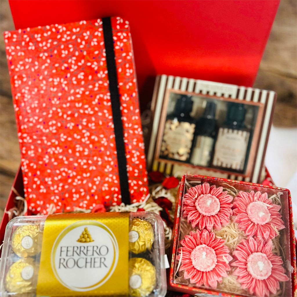 Luxury Gift Hamper – Handmade Notebook, Ferrero Rocher, Handmade Candles & The Love Co. Body Care Set | Birthday, Anniversary & Women’s Day Gift