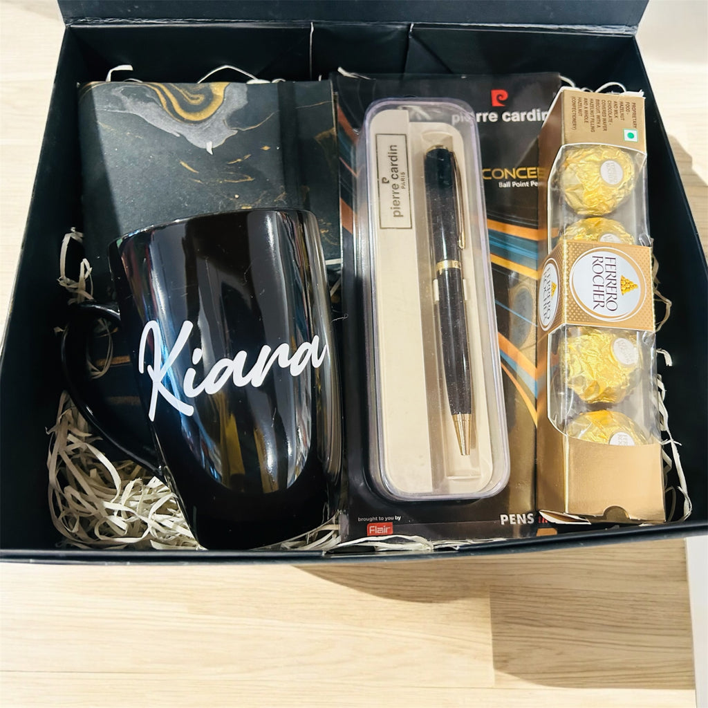 Personalized Gift Hamper – Custom Name Coffee Mug, Customized Pen, Handmade Notebook & Ferrero Rocher in a Premium Gift Box | Birthday, Anniversary & Women’s Day Gift