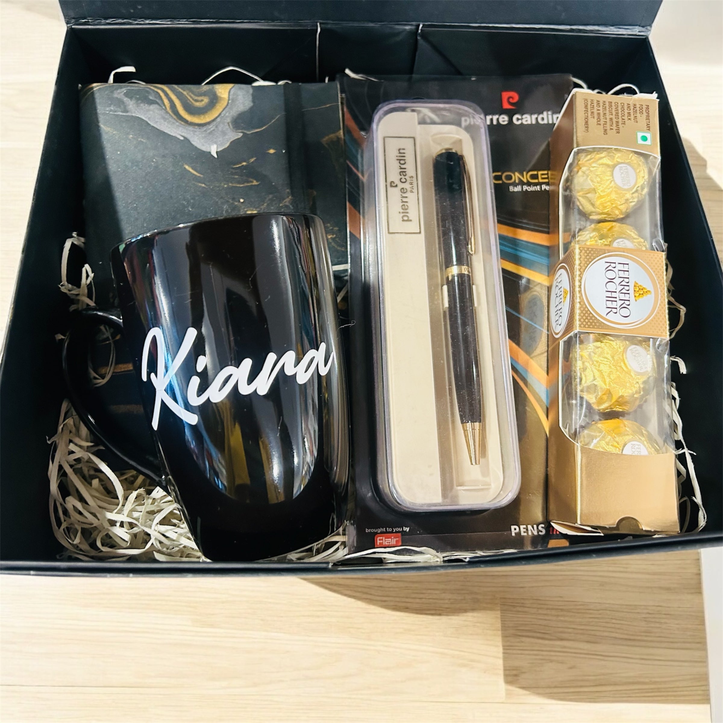 Personalized Gift Hamper – Custom Name Coffee Mug, Customized Pen, Handmade Notebook & Ferrero Rocher in a Premium Gift Box | Birthday, Anniversary & Women’s Day Gift