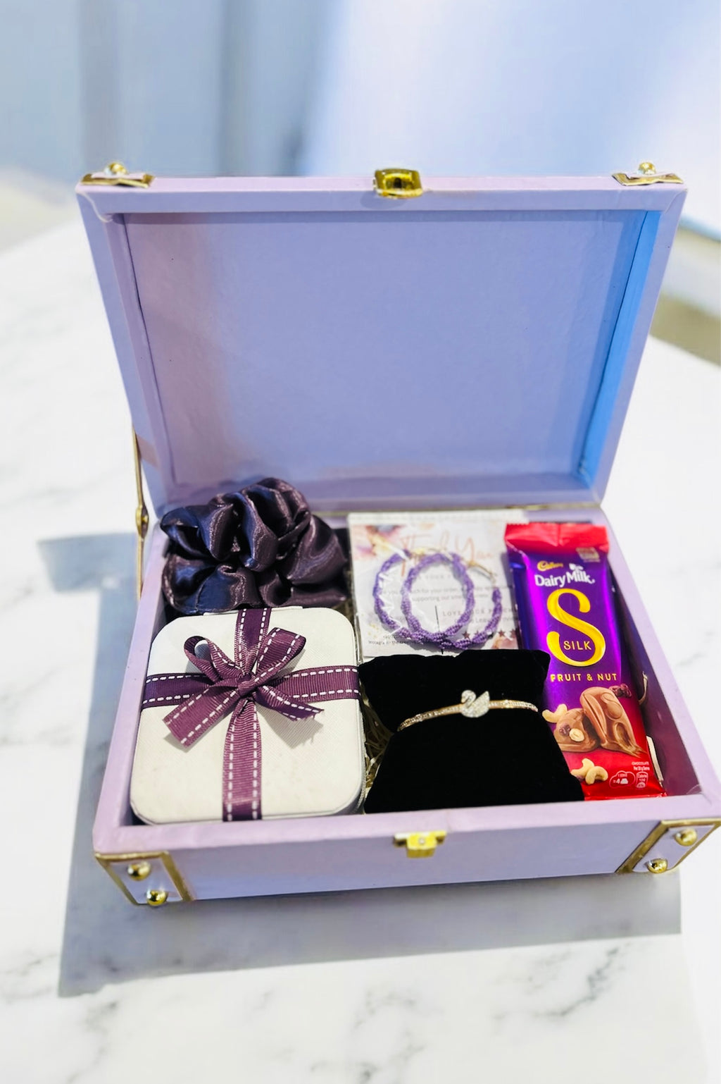 Elegant Gift Hamper – Bracelet, Jewelry Organizer, Earrings, Scrunchies & Chocolates in a Wooden Gift Box | Birthday, Anniversary & Women’s Day Gift