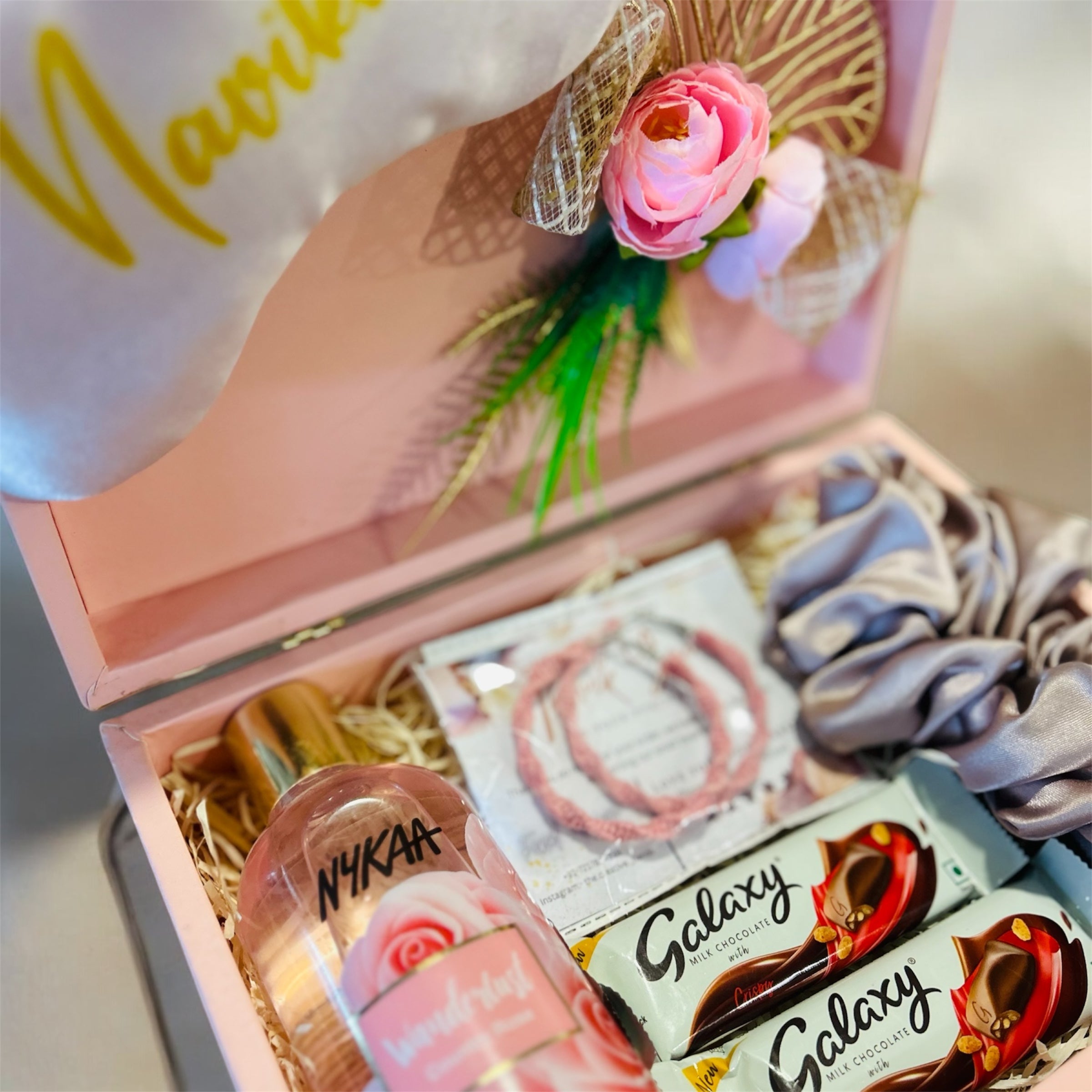 Luxury Gift Hamper – Body Wash, Customized Eye Mask, Earrings, Scrunchies & Chocolates in a Wooden Gift Box | Birthday, Anniversary & Women’s Day Gift